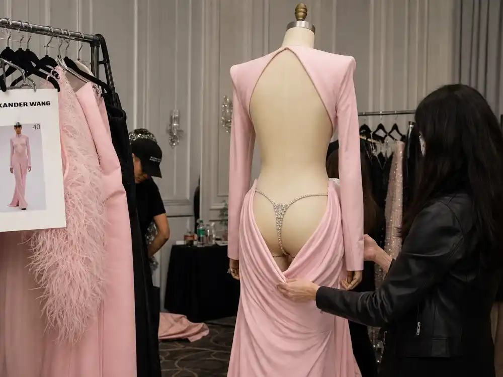 Powder pink Alexander Wang camp couture with crystal thong detail defining what did Hailey Bieber wear to Met Gala 2019
