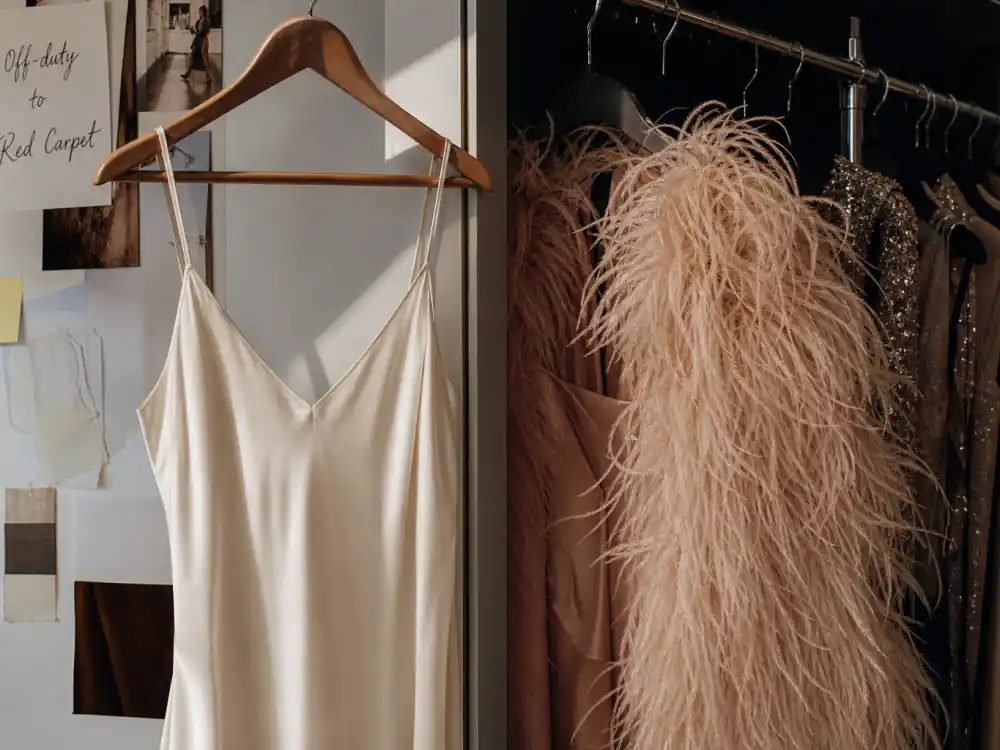 Minimal silk slip dress beside feathered evening wrap showing what did Hailey Bieber wear to Met Gala off-duty to red carpet evolution
