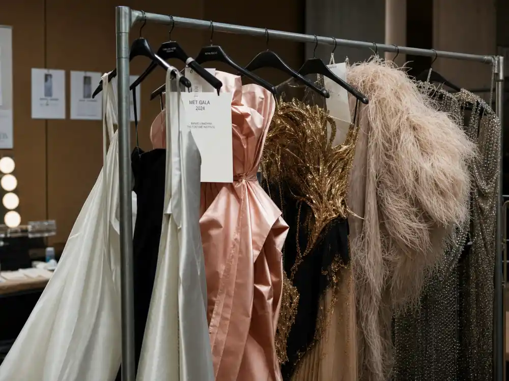 Row of dramatic Met Gala evening gowns illustrating what did Hailey Bieber wear to Met Gala over the years