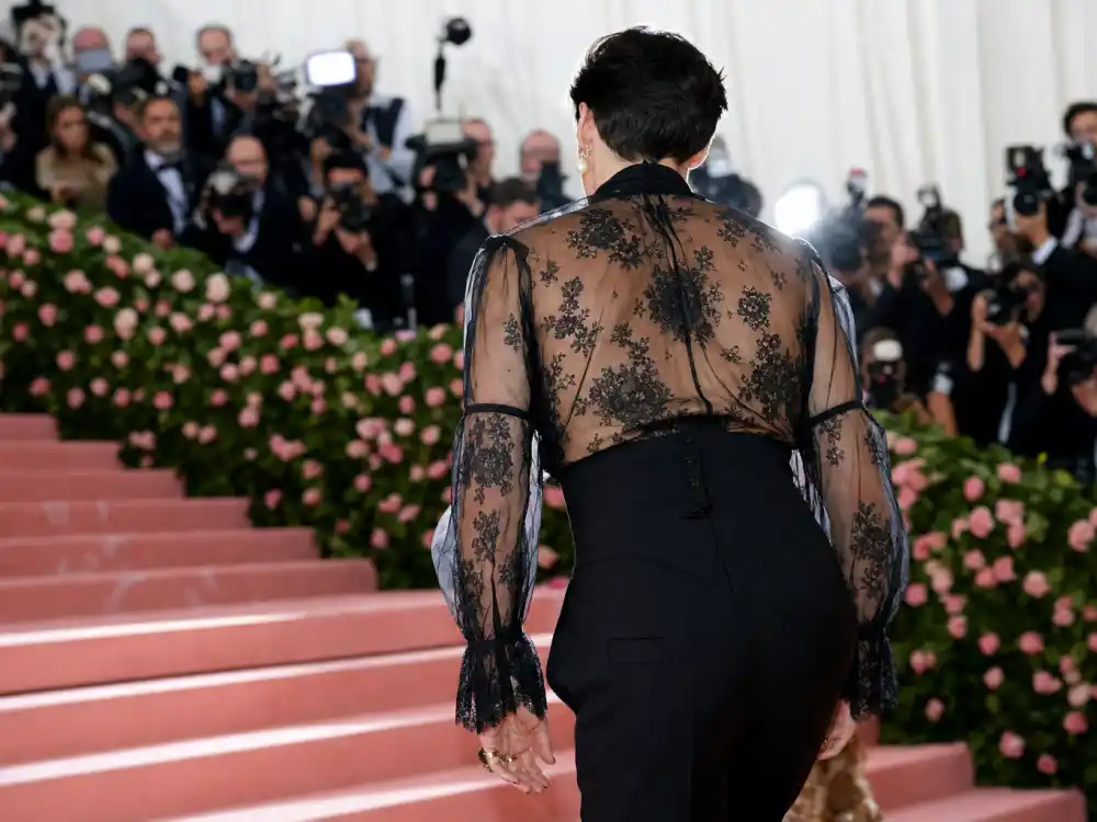 2019 Camp Met Gala sheer lace blouse and trousers answering what did Harry Styles wear to Met Gala debut night