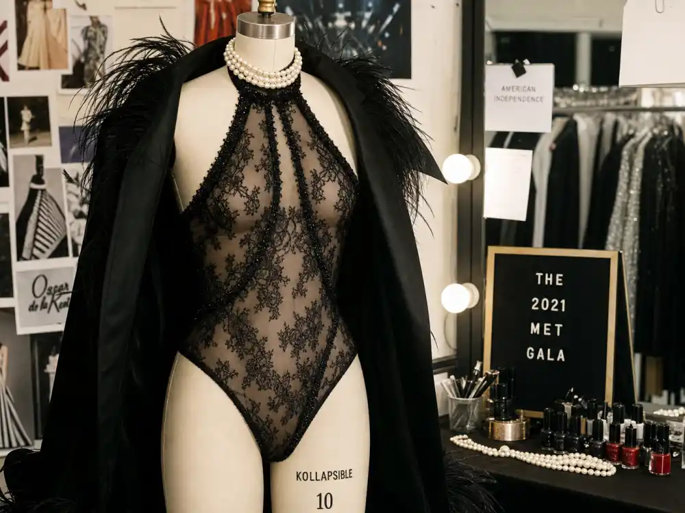 2021 American theme sheer lace halter bodysuit with feather jacket shaping what did Harry Styles wear to Met Gala co-host look