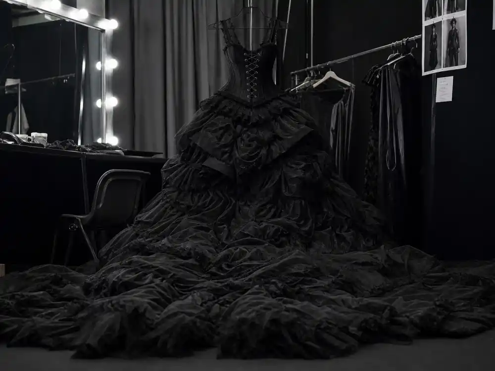 Black lace-up corset with distressed ruffled skirt train defining what did Jenna Ortega wear to Met Gala Wednesday-inspired gothic glamour