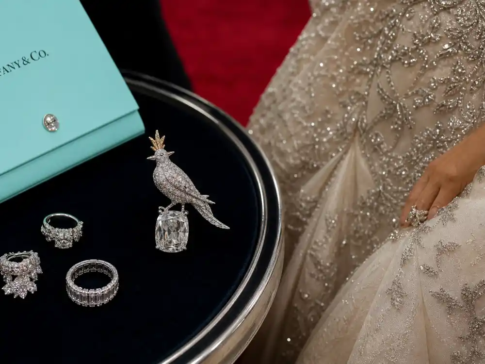 Tiffany and Co diamond Bird on a Rock brooch and platinum jewels punctuating what did Jennifer Lopez wear to Met Gala accessorizing