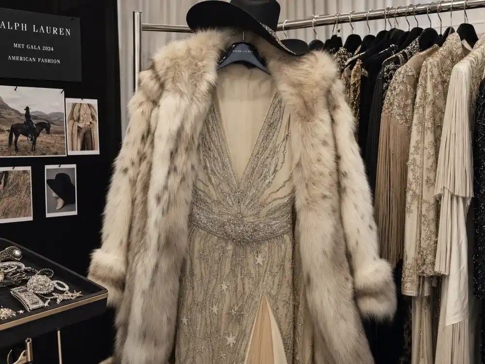 Western Ralph Lauren cowboy hat and thigh slit gown shaping what did Jennifer Lopez wear to Met Gala 2021 American theme
