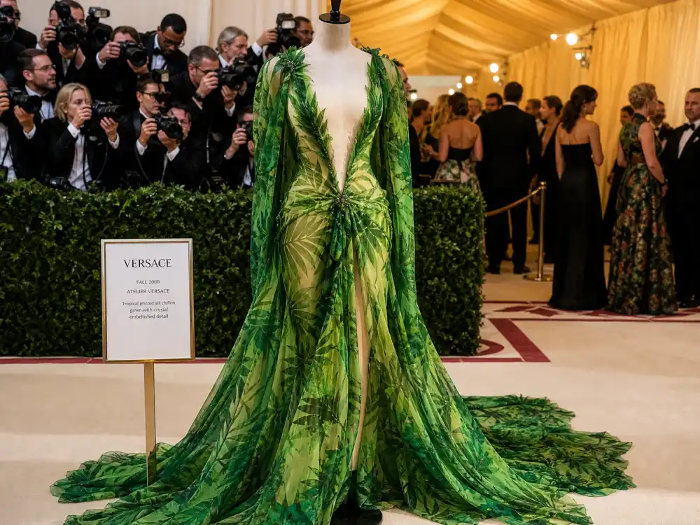 Tropical green Versace jungle print silk defining what did Jennifer Lopez wear to Met Gala Versace fashion legacy