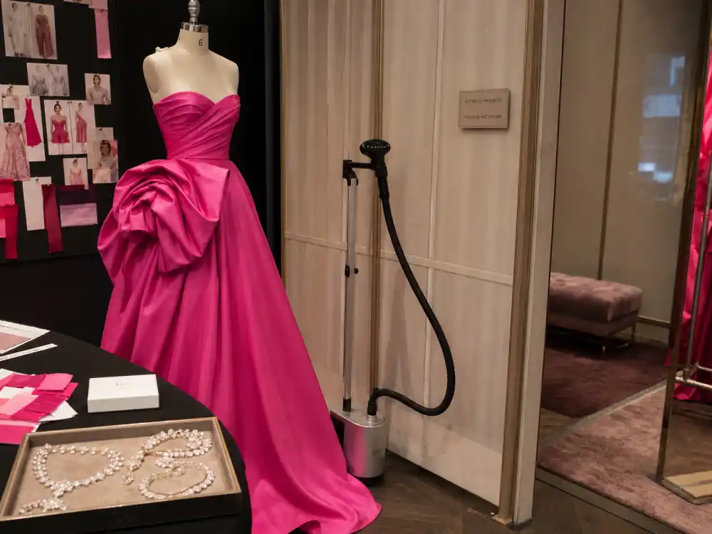 Couture fitting room prep behind what did Margot Robbie wear to Barbie premiere custom Versace construction