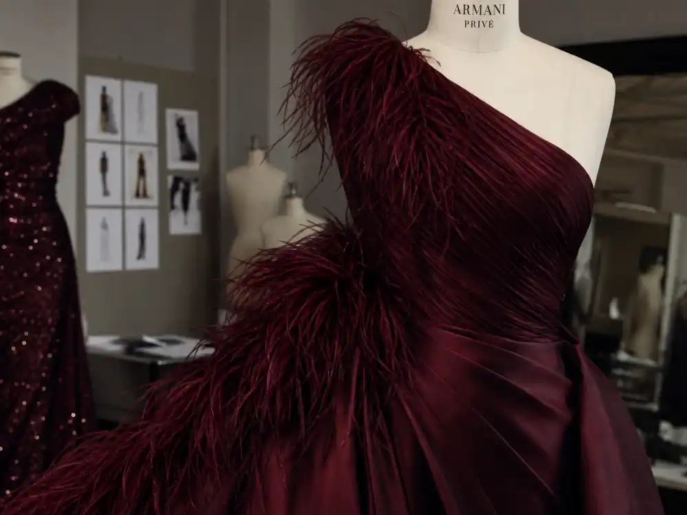 Armani Privé burgundy feather-trimmed gown defining what did Nicole Kidman wear to Oscars 2017 red carpet