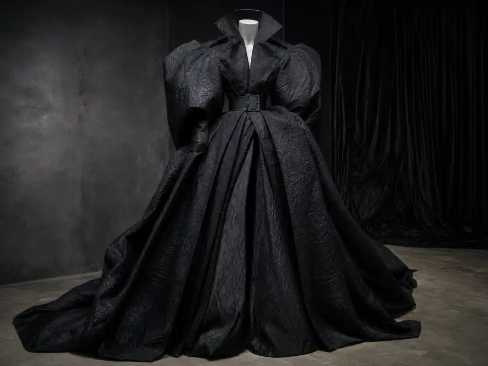 Oversized black Balenciaga sculptural coat defining what did Rihanna wear to Met Gala 2021 avant-garde moment