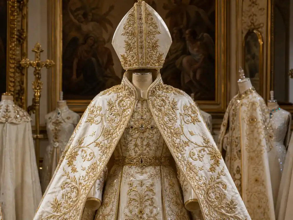 Papal-inspired white and gold Maison Margiela couture on a dress form evoking what did Rihanna wear to Met Gala 2018