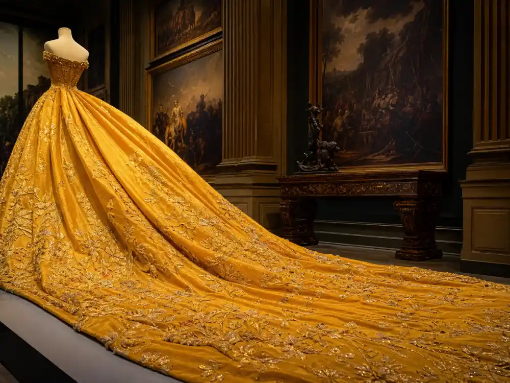 Golden yellow Guo Pei embroidered couture train central to what did Rihanna wear to Met Gala most iconic look
