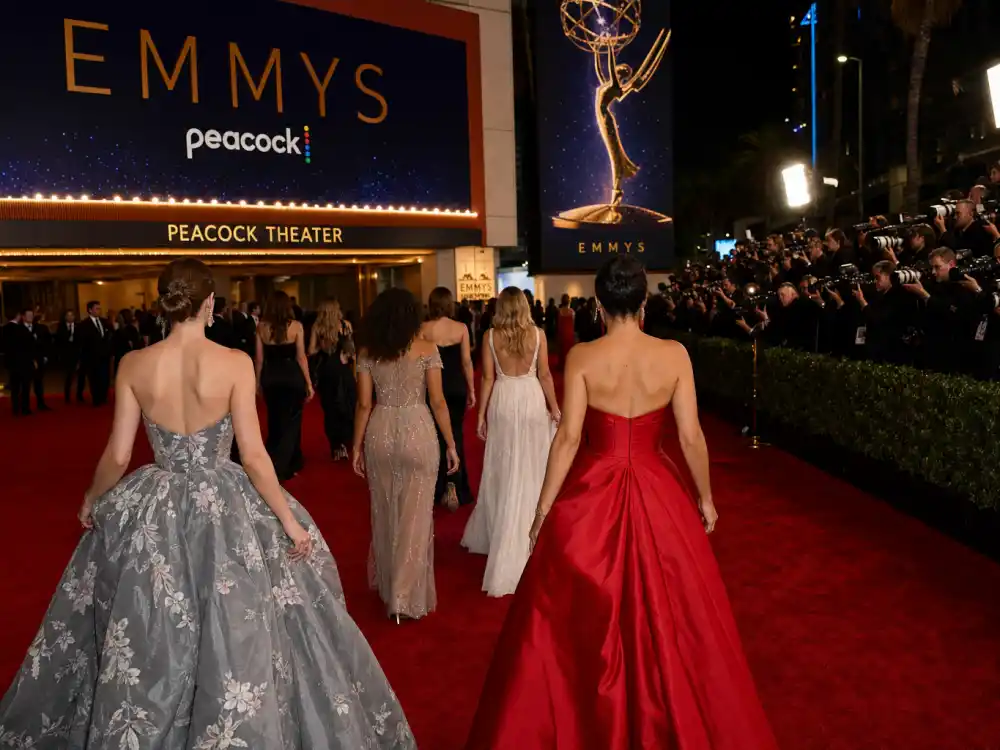 Emmys red carpet couture from gray floral Oscar de la Renta to crimson satin illustrating what did Sydney Sweeney wear to Emmys across appearances