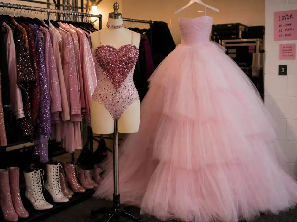 Pastel pink Lover era tulle and heart-motif costume evoking what did Taylor Swift wear to Eras Tour romantic set