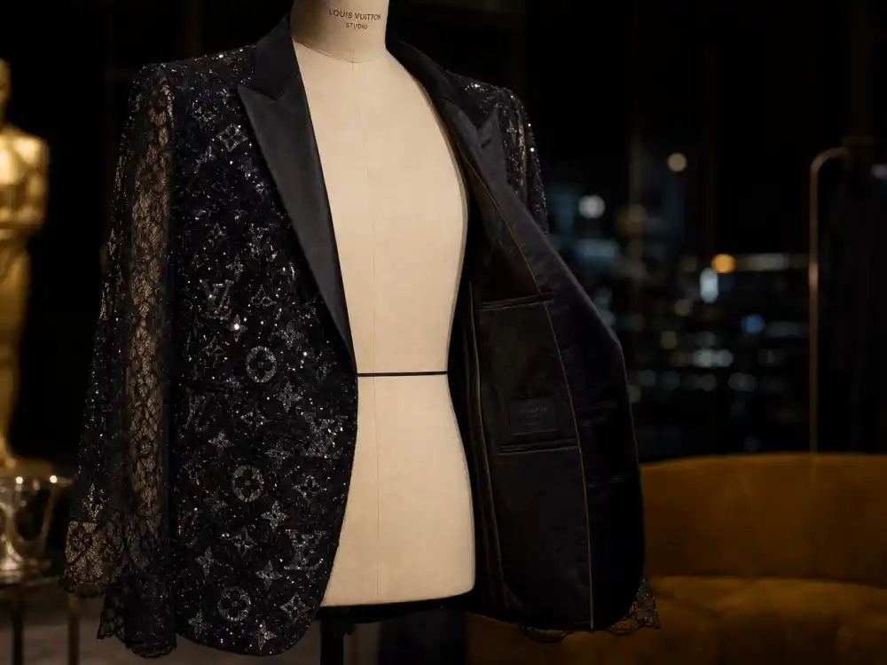 Louis Vuitton sequined lace tuxedo jacket behind what did Timothee Chalamet wear to Oscars 2022 shirtless moment