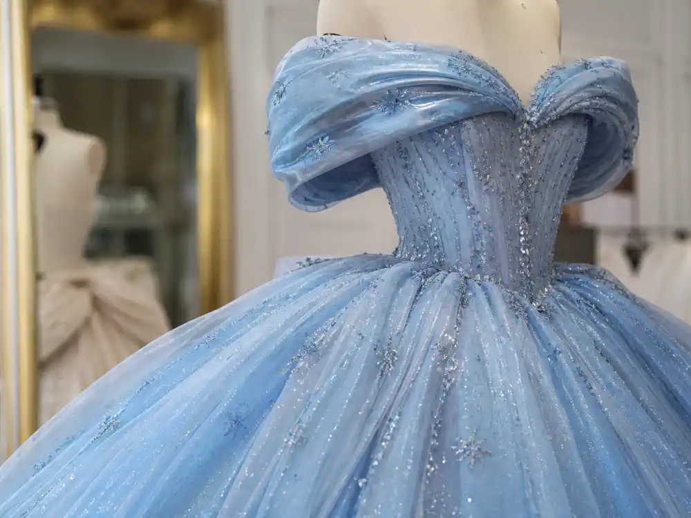 Powder-blue Cinderella ball gown on a dress form evoking what did Zendaya wear to Met Gala history
