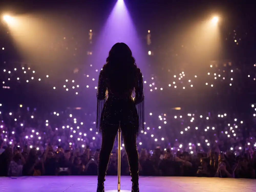 Modern R&B concert stage silhouette representing what happened to Ashanti now — married to Nelly, a mother, and still performing in 2026