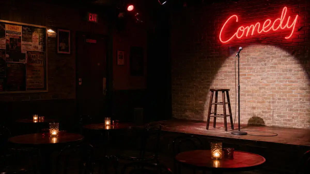 What happened to Bobcat Goldthwait — empty 1980s comedy club stage with neon sign and vintage microphone