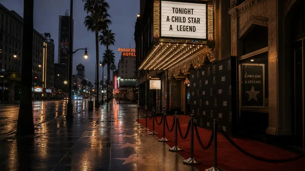 What happened to Edward Furlong — a rain-slicked Hollywood Boulevard at dusk with vintage marquee lights