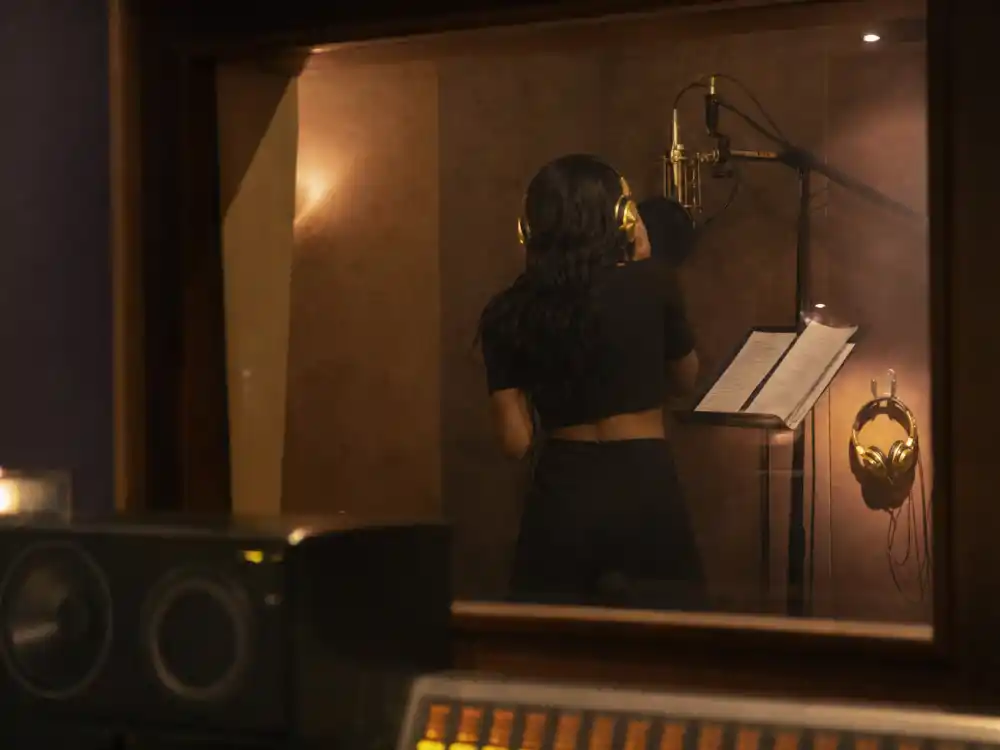Recording studio vocal booth evoking what happened to Fergie when she joined the Black Eyed Peas crossover machine