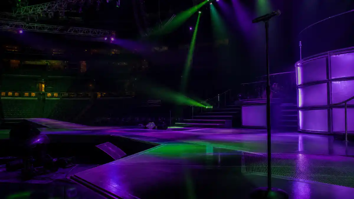 What happened to Fergie — empty arena stage with purple and green lights evoking Black Eyed Peas pop spectacle era