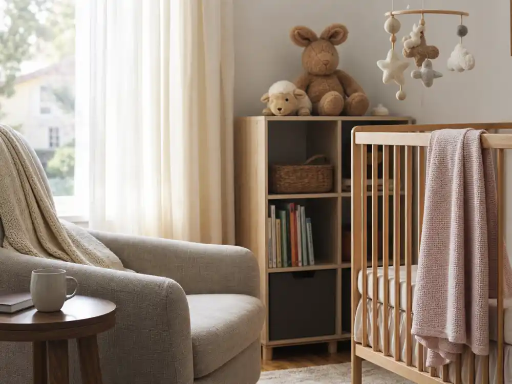 Soft nursery corner representing what happened to Fergie now — motherhood, quieter headlines, and selective comebacks in 2026