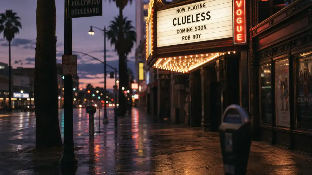 What happened to Freddie Prinze Jr — rain-slicked Hollywood Boulevard at dusk with vintage marquee lights