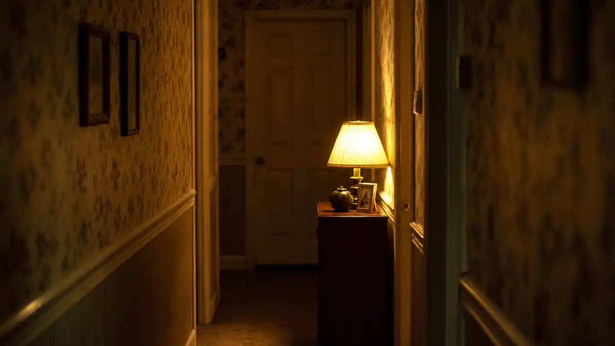 What happened to Haley Joel Osment — a dim 1990s suburban hallway at night evoking his Sixth Sense child-star era