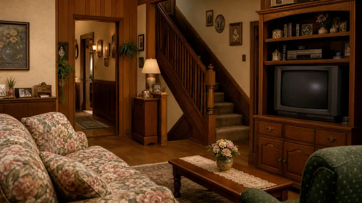 What happened to Jaleel White — a cozy 1990s suburban living room evoking the Family Matters sitcom era