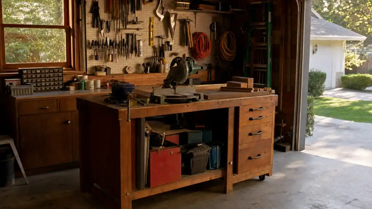 What happened to Jonathan Taylor Thomas — a warm-lit 1990s suburban garage workshop evoking the Home Improvement Randy Taylor era