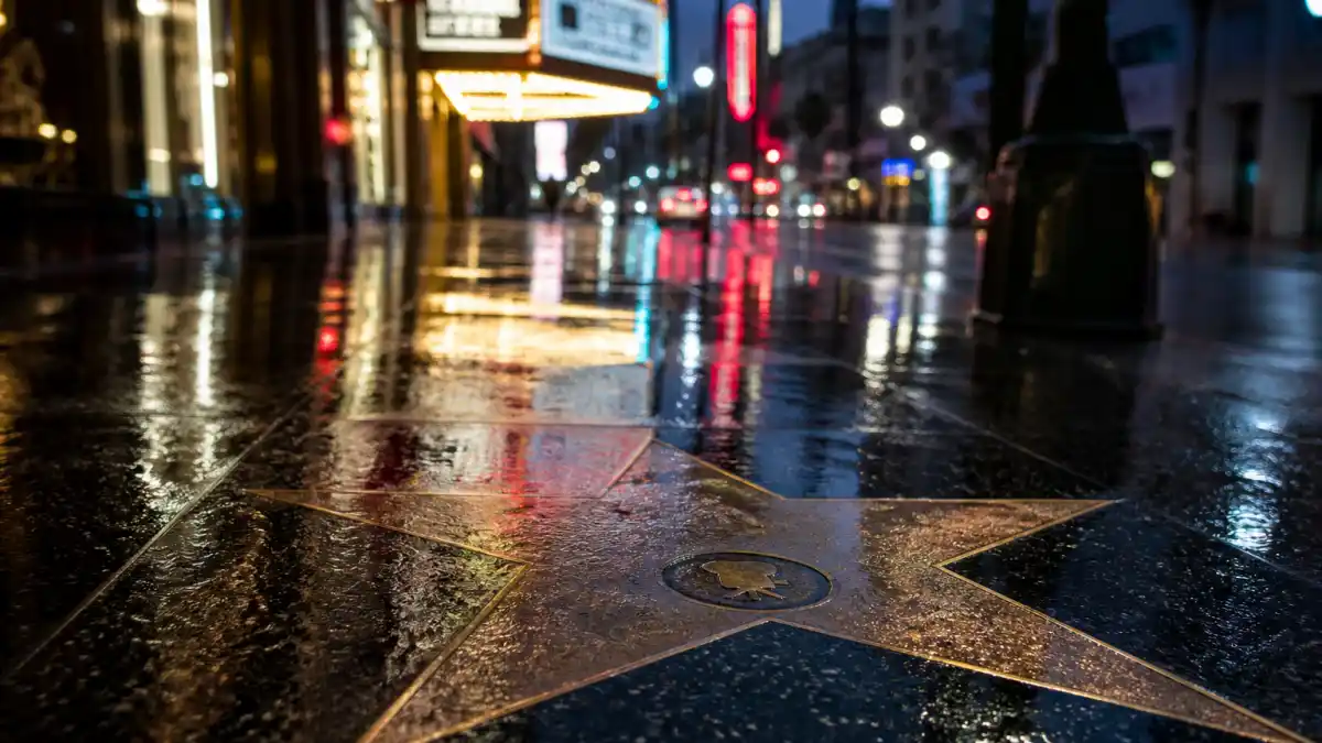 What happened to Katherine Heigl — a faded Hollywood Walk of Fame star on a rain-slicked sidewalk at dusk