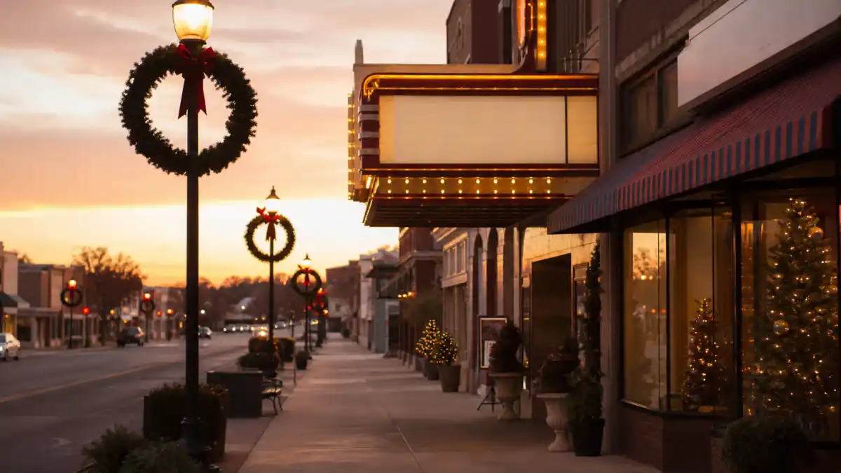 What happened to Lacey Chabert — a Hallmark-style small-town main street at golden hour with Christmas wreaths