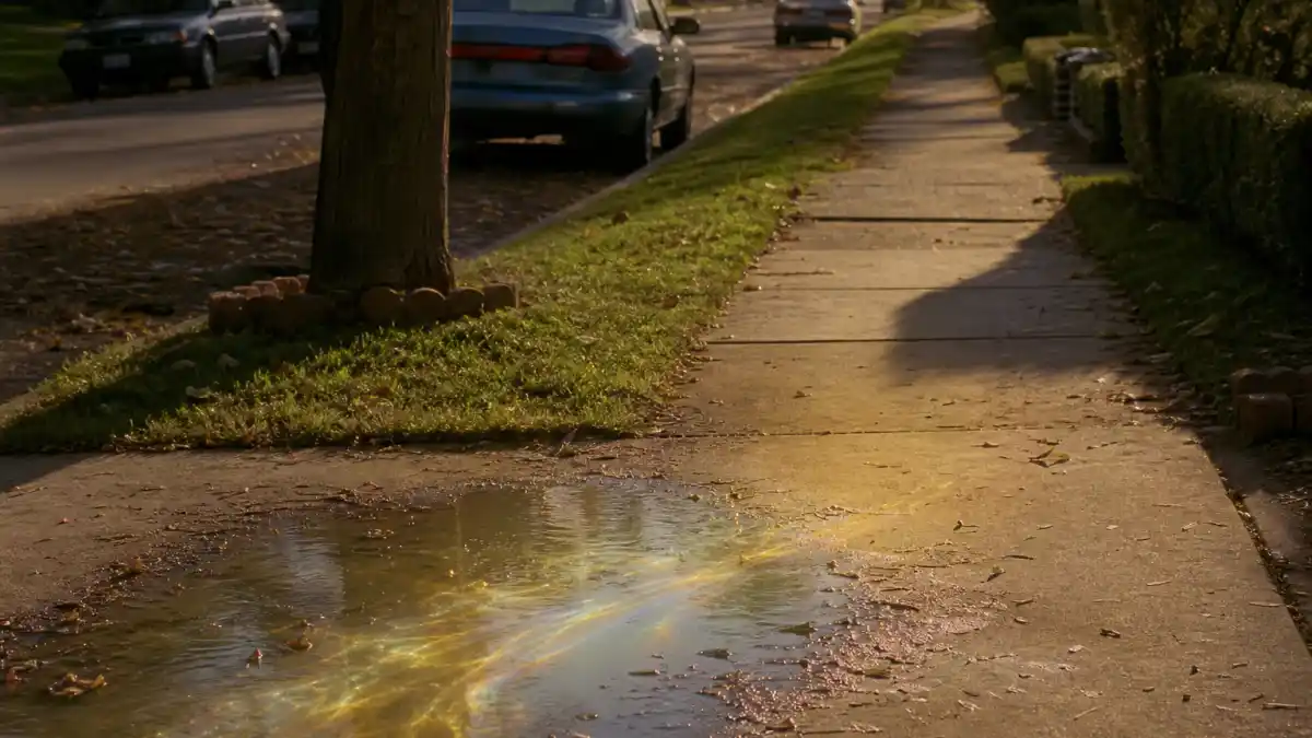 What happened to Larisa Oleynik — a suburban sidewalk puddle with golden glow evoking The Secret World of Alex Mack