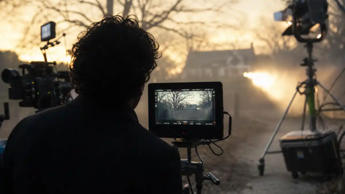 What happened to M Night Shyamalan — film director on set reviewing a monitor during a thriller production