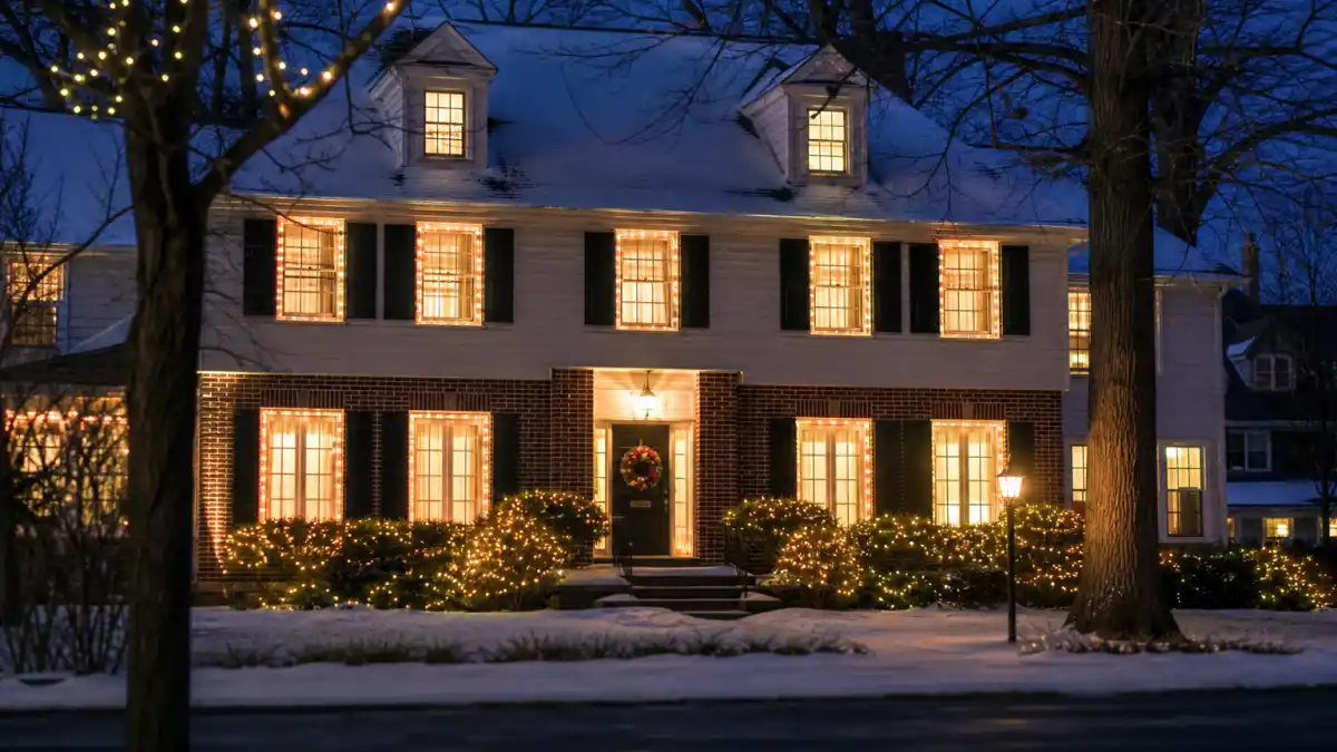 What happened to Macaulay Culkin — a classic 1990s suburban home exterior at dusk evoking his Home Alone fame