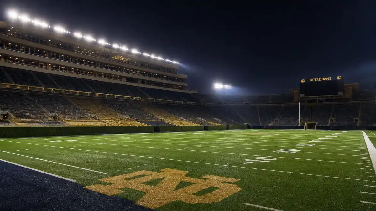 What happened to Manti Teo — Notre Dame football stadium at night under stadium lights