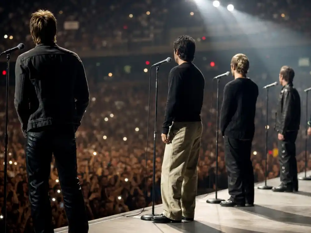 What happened to NSYNC — an arena tour stage with vintage microphone stands evoking the boy-band peak era