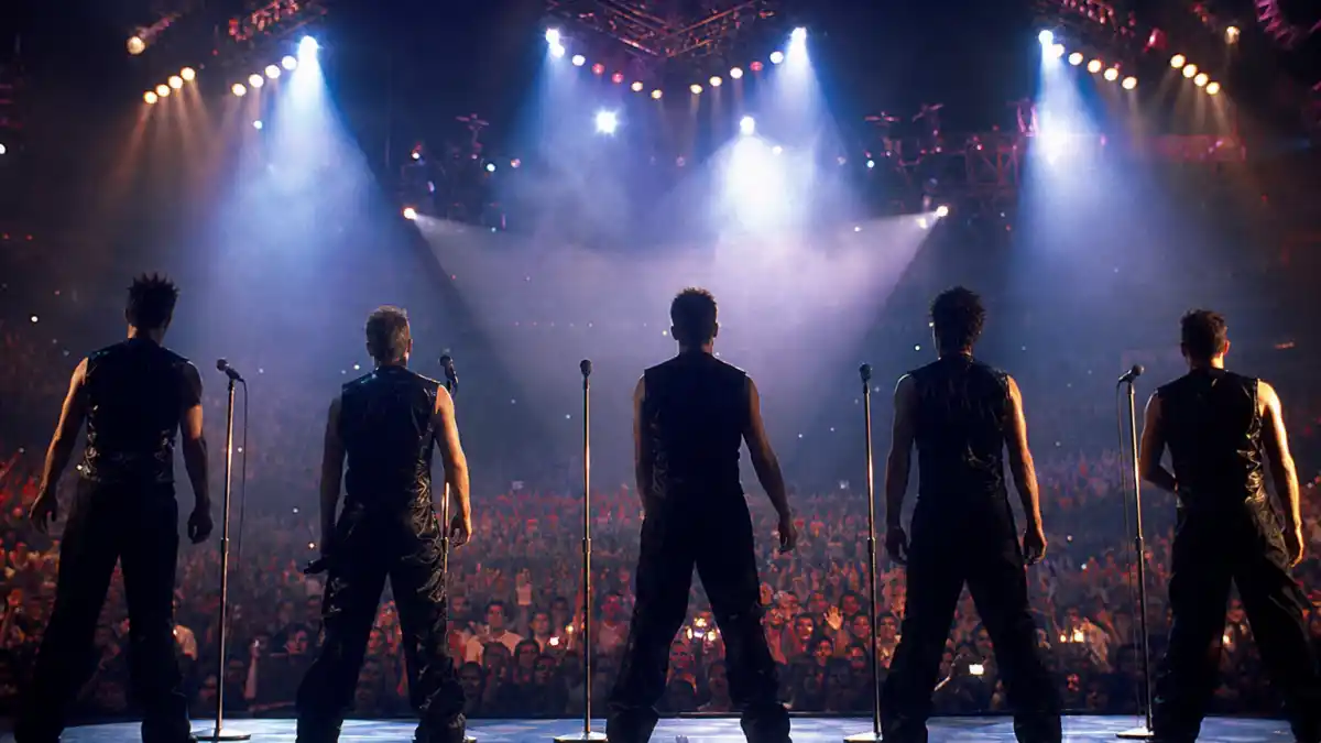 What happened to NSYNC — a late 1990s pop concert stage with a row of microphone stands under arena lights