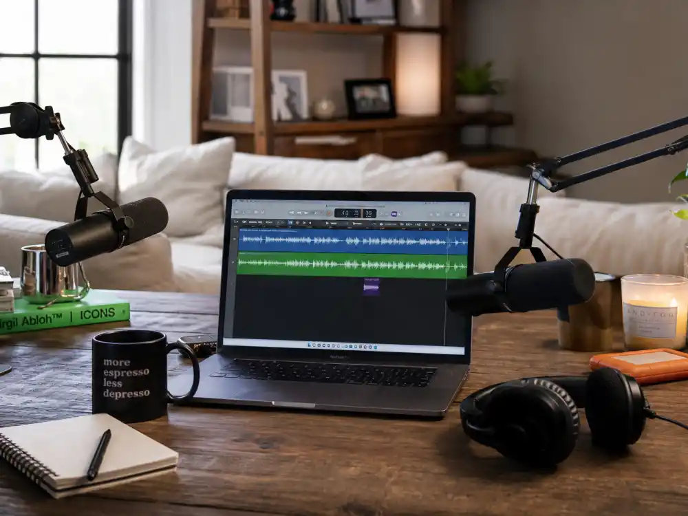 Podcast microphones representing where NSYNC members are now — hosting, producing, and side ventures in the 2020s