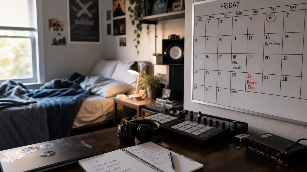 What happened to Rebecca Black — teen bedroom studio with Friday calendar evoking the viral Friday song era