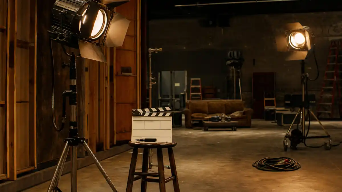 What happened to Rick Moranis — an empty 1980s Hollywood comedy soundstage with vintage movie lights and a clapperboard