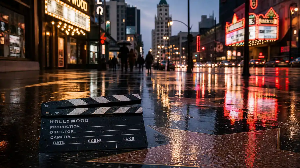 What happened to Shia LaBeouf — a rain-slicked Hollywood Boulevard at dusk with a film clapperboard on the pavement