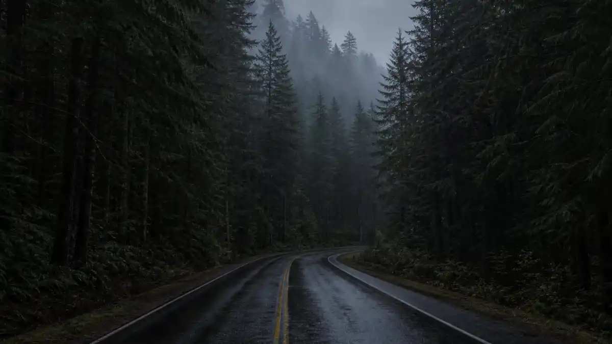 What happened to Taylor Lautner — a misty Pacific Northwest forest road evoking the Twilight Jacob era
