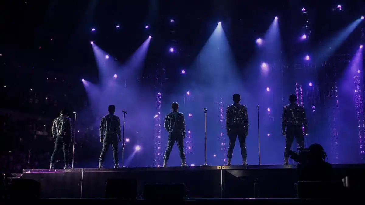 What happened to the Backstreet Boys — five anonymous boy band singer silhouettes on a 1990s arena stage under purple spotlights