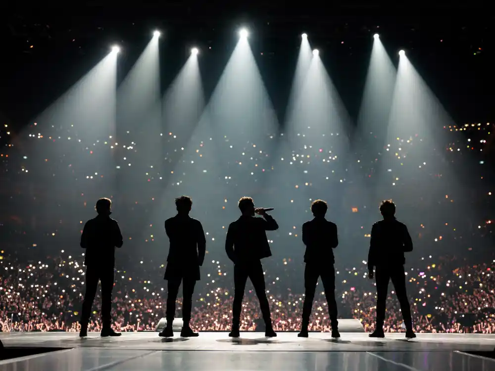 Modern arena stage with five singer silhouettes under spotlights representing what happened to the Backstreet Boys reunion tour life in 2026