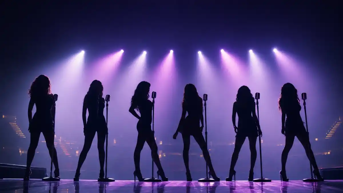 What happened to the Pussycat Dolls — six anonymous female singer silhouettes on a burlesque-style arena stage under purple spotlights