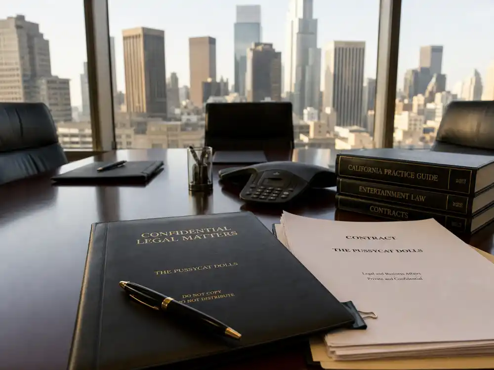 Law office contracts on a conference table symbolizing legal battles behind what happened to the Pussycat Dolls lineup disputes