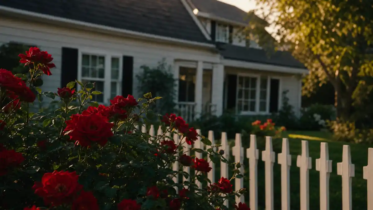 What happened to Thora Birch — suburban home with red roses at golden hour evoking American Beauty fame