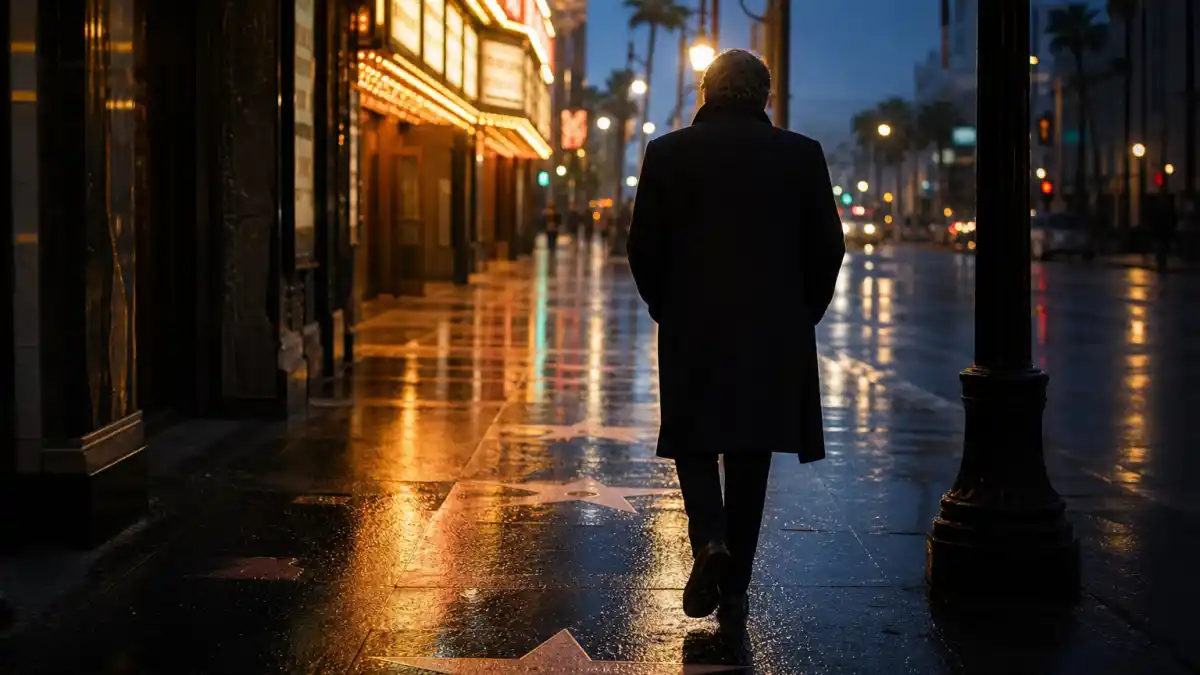 What happened to Tobey Maguire — a lone man in a dark coat walking a rain-slicked Hollywood Boulevard at dusk under marquee lights