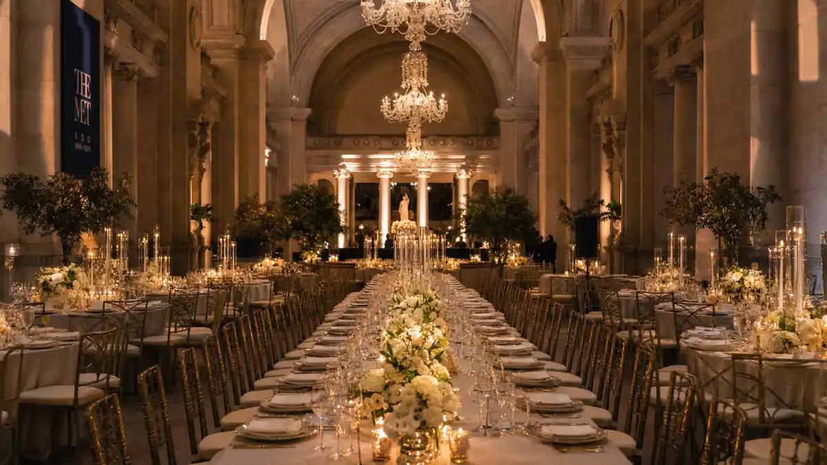 What happens inside the Met Gala dinner — Metropolitan Museum Great Hall transformed with banquet tables, crystal chandeliers, and formal place settings for the Costume Institute benefit