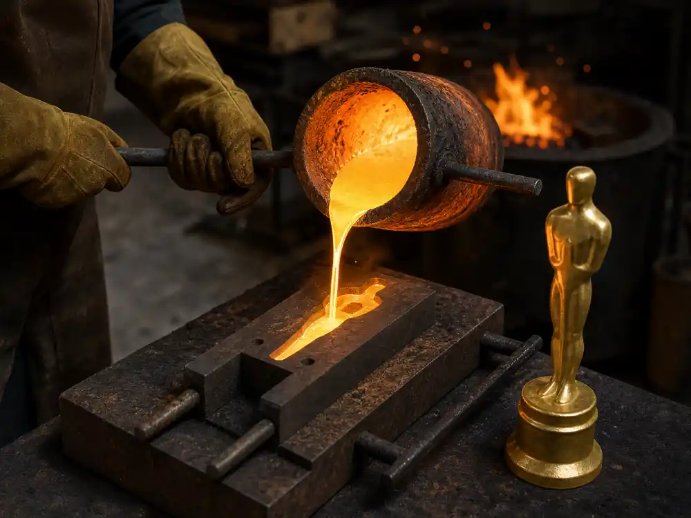 Molten bronze poured into casting molds showing what is an Oscar statue made of at the solid bronze core stage