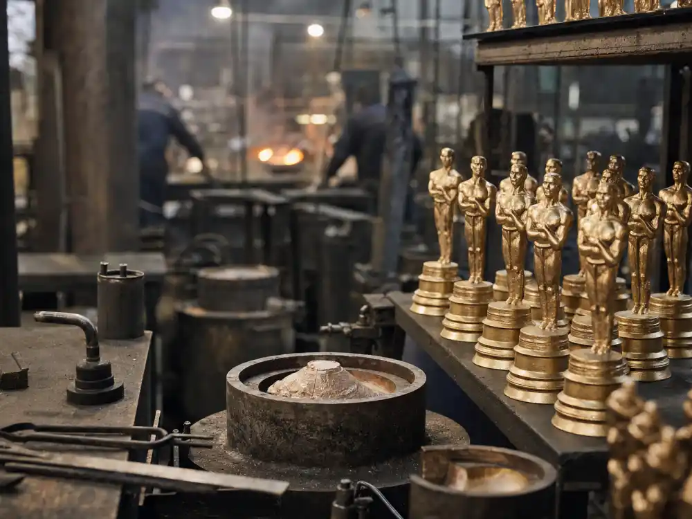 Foundry workshop with bronze casting tools explaining what is an Oscar statue made of and modern trophy manufacturing